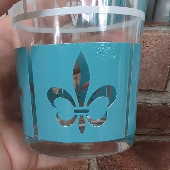 Hazel Atlas Set of 6 Glasses Tumbler White Turquoise 12oz. Highball Fleur-de-Lis - Picture 16 of 16